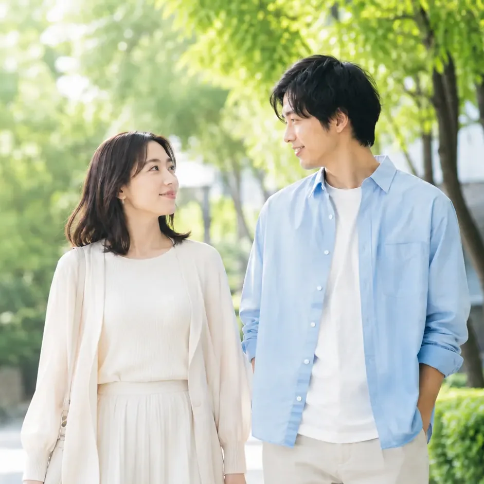公園を並んで歩く男女